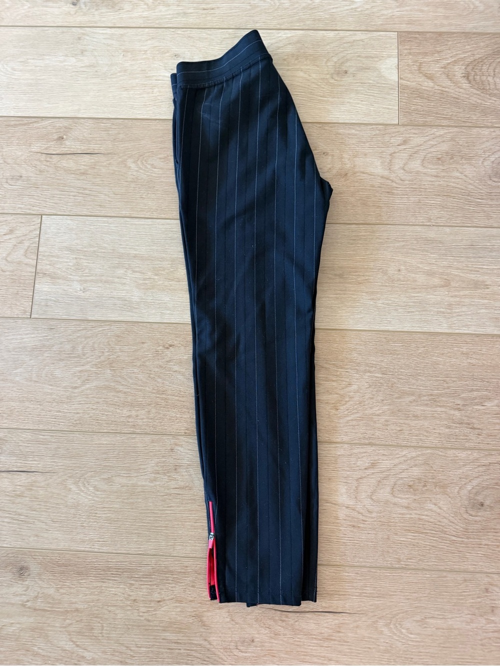 HUE Black Pinstripe Cropped Pants with Red Zip Detail